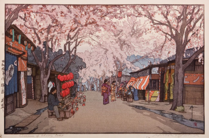 woodblock print from 1935 of an avenue of cherry trees, women in kimonos and shops